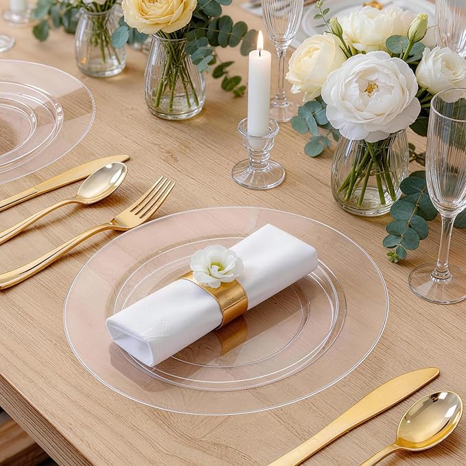 WDF 200PCS Clear Plastic Plates for Party - Heavy Duty Clear Disposable Plates - 100 x 10 Dinner Plate and 100 x 7 Dessert/Cake Plastic Plate for Weddings/Traval/Party/BBQ/Events