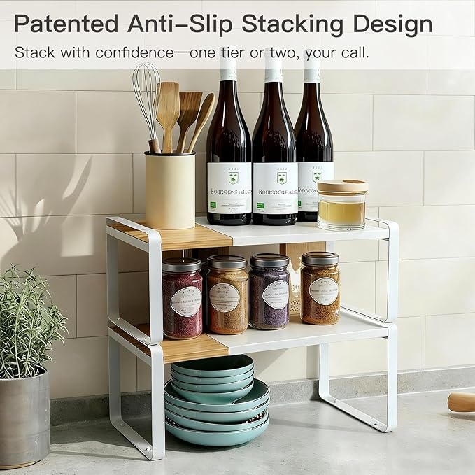 Expandable Cabinet Shelf Organizer & Spice Rack, Stackable Kitchen Counter Riser with Anti-Slip Legs, Bamboo Cupboard Storage for Dish, Plate & Canned Food, Small Shoe Rack for Closet (White)