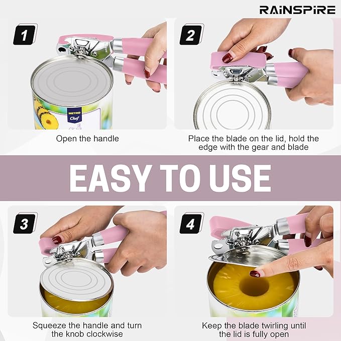 Rainspire Can Opener Manual Handheld Strong Manual Can Opener Smooth Edge Cut, Can Opener Heavy Duty, Comfortable Soft Handle, Built-in Bottle Opener, Pink