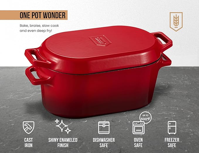 KooK Enameled Cast Iron Dutch Oven for Sourdough Bread Baking - 3.4 Qt Pot with Lid for Even Heat Distribution - Includes Silicon Bread Sling and Recipe Book for Home Bakers