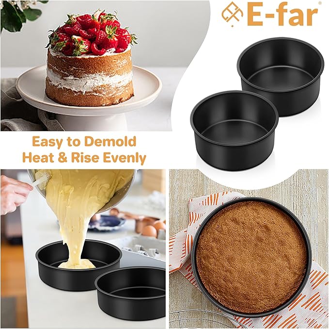E-far 6x2 Inch Cake Pans Set, 2 Pieces Nonstick Round Cake Pans Tins for Baking Small Birthday Wedding Layer Smash Cakes, Stainless Steel Core & Nontoxic Coating, Straight Side(Black)