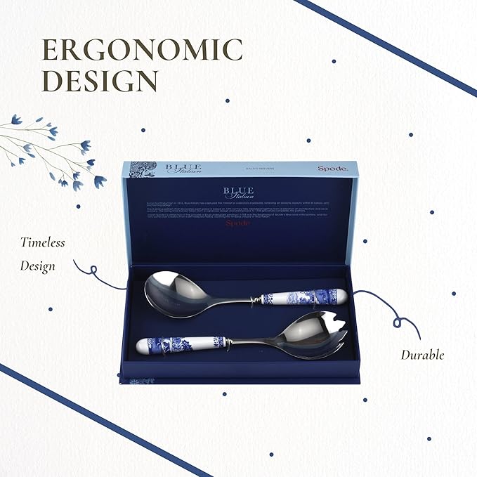 Spode Blue Italian Collection Salad Servers | 2 Piece Spoon and Fork Set | 10 Inch | Blue and White | Made of Porcelain and Stainless Steel | Italian Countryside Design