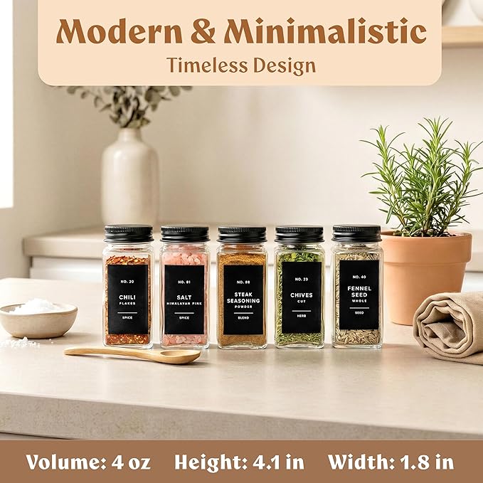 Glass Spice Jars with Label and Black Aluminium Lids (24 x 4oz) Spice Containers with 240 Labels, Shaker Inserts, Steel Funnel, Empty Square Seasoning Organizer (Black Aluminium Lid)