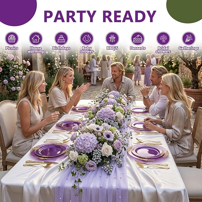 102PCS Purple and Gold Plastic Plates - High End Purple Disposable Plate Easter - Vintage Dinner & Dessert Plates for 51 Guests Birthday Easter Party Wedding
