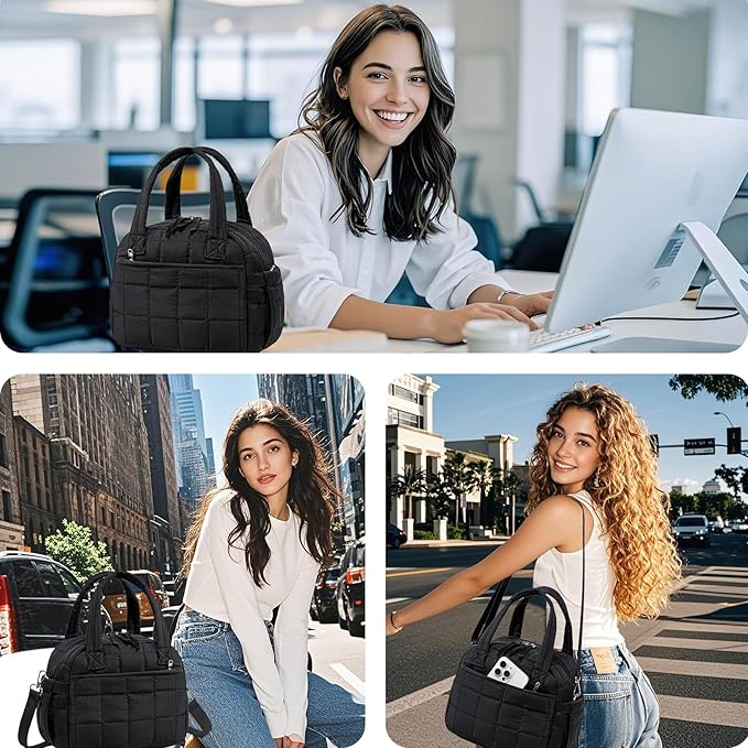 LEDAOU Lunch Box for Women Lunch bag Quilted Puffer Lunch Box with Adjustable Strap Insulated Reusable Lunch Tote for Work School Picnic Travel