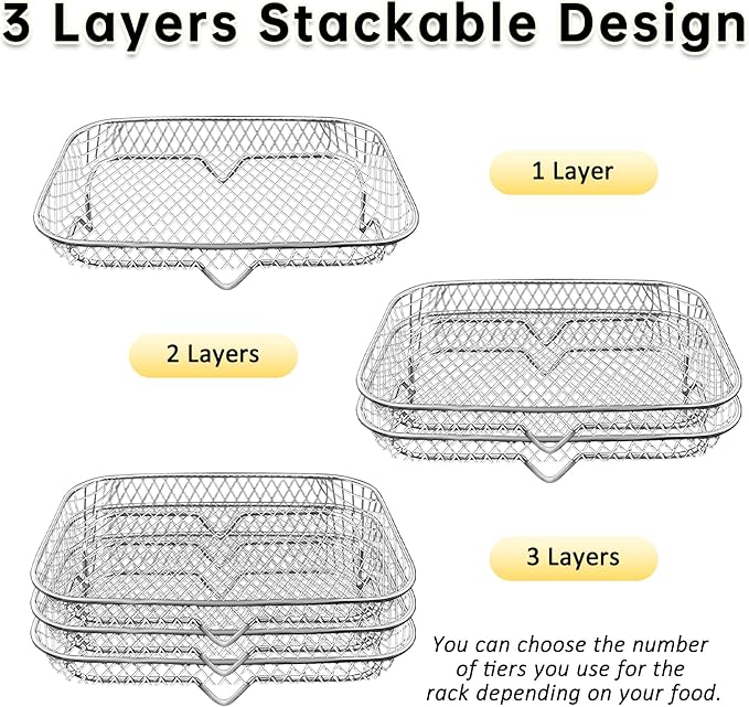 Air Fryer Rack, Stackable Stainless Steel Air Fryer Basket, 3 Layers Cooling Racks for Oven Press Cooker, Rectangle AirFryer Accessories (7.6"Lx5.3"Hx3.7"H)