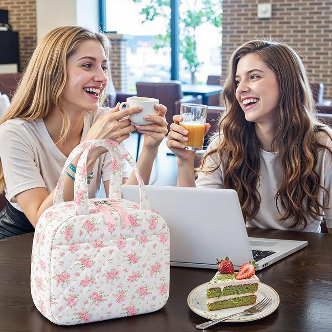 Quilted Lunch Box for Women,Coquette Aesthetic Lunch Box for Teen Girls,Cute Floral Lunch Bags for Work, School,Office,Picnic,Travel (Big Pink Floral)