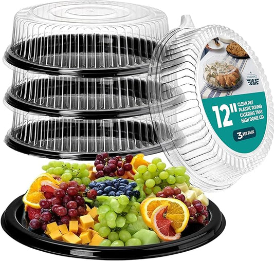 12" Catering Trays With Lids [3 Pack] - Black Serving Tray, Clear Lid, Plastic Disposable Round Party Platters, Flan Containers, Dessert Sandwich Cookie Food Trays for Parties