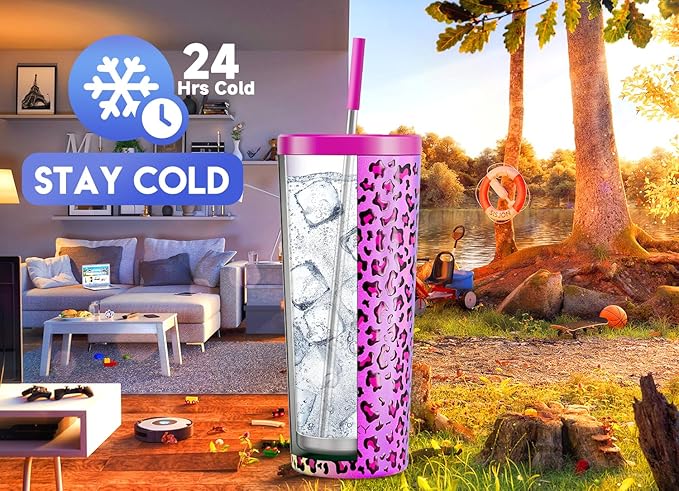 Meoky 24 oz Insulated Tumbler with Lid and Straw, Stainless Steel Vacuum Insulated Tumbler, Keeps Cold for 24 Hours, 100% Leak Proof, Fits in Car Cup Holder (Celebration)
