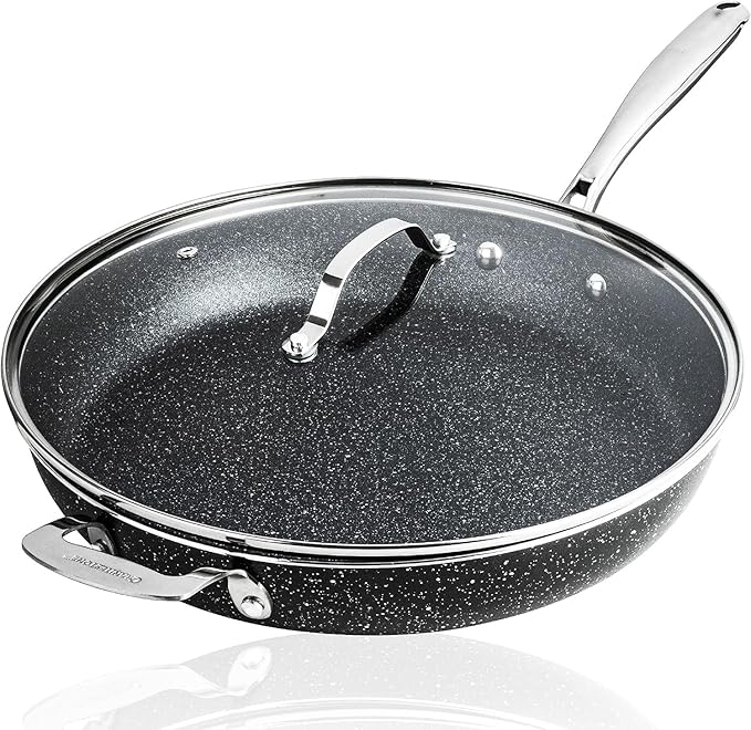 Granitestone 14” Frying Pan with Lid, Large Non stick Frying Pan for Cooking, Frying Pan Nonstick, Ultra Durable Mineral and Diamond Coating, Family Sized Open Skillet, Oven and Dishwasher Safe, Black