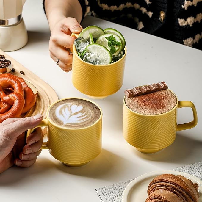 Stackable Coffee Mugs with Rack: 13 oz Stacking Ceramic Cups with Stand - Porcelain Stacked Tea Mug Set of 4 (Light Yellow)