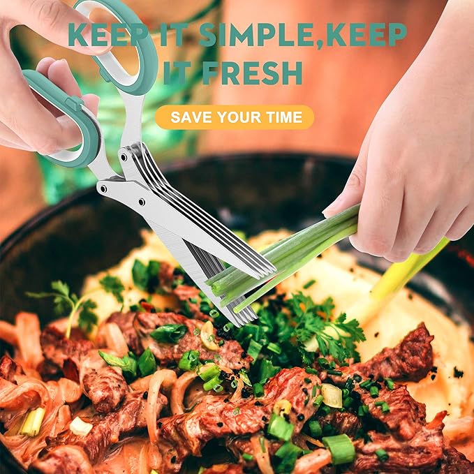 Fun Unique Kitchen Gadgets: Herb Scissors Set - Updated 2026 Cool Kitchen Tools for Cutting Fresh Garden Herbs - Sharp 5-Blade Shears with Cover, Anti-Rust Stainless Steel, Dishwasher Safe (Blue)