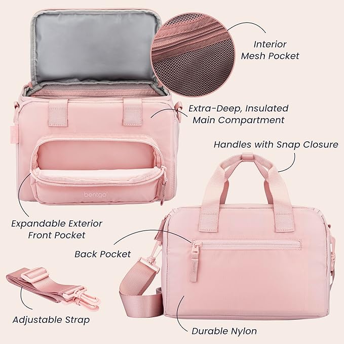 Bentgo Insulated Lunch Bag – Extra-Large Capacity Adult Lunch Bag with Shoulder Strap and External Storage Compartment, Durable, Lightweight, Ideal for Work, School, & Meals On the Go (Soft Blush)