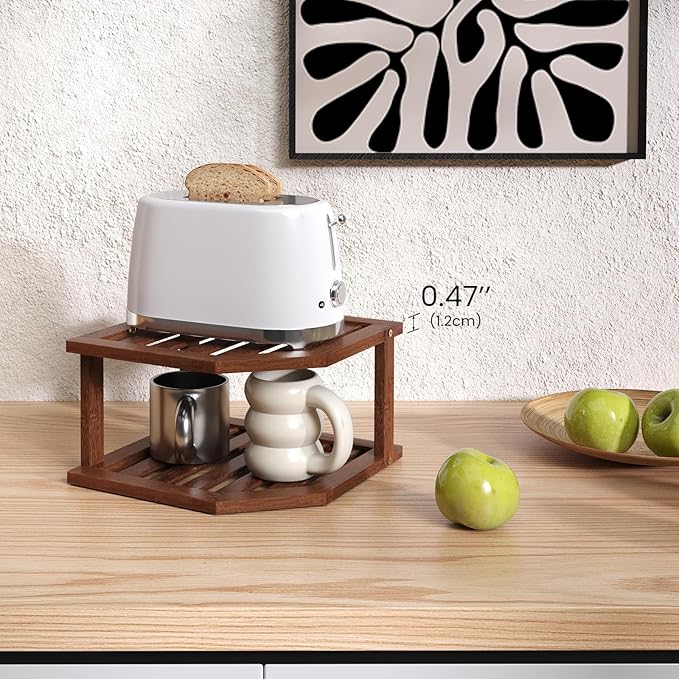 Bamboo Corner Shelf(2 Pack),2 Tier Plate Organizer for Cabinet and Countertop,Pantry Dish and Spice Rack for Kitchen（Brown）