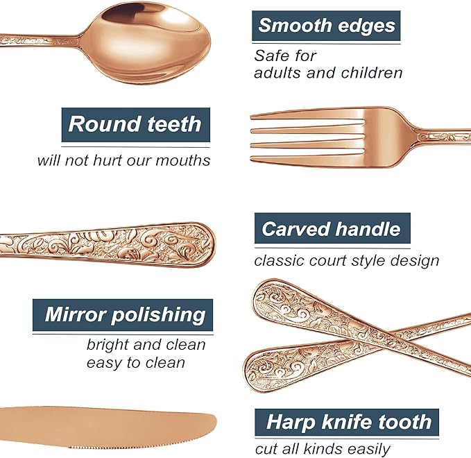 Runfly Vintage Carved Rose Gold/Copper Stainless Steel 20 Pieces Flatware Set, Silverware Set, Modern Embossed Cutlery Set Utensils Including Fork Spoon and Knife