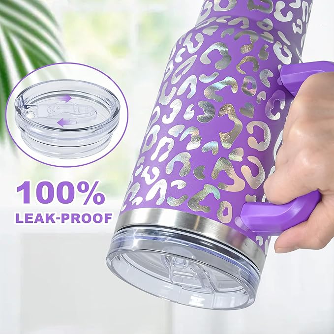 40 oz Tumbler with Handle and Straw, 100% Leak-Proof Travel Mug, Stainless Steel Double Wall Vacuum Insulated Coffee Cup Keeps Cold For 34 Hours, Dishwasher Safe, Purple Leopard