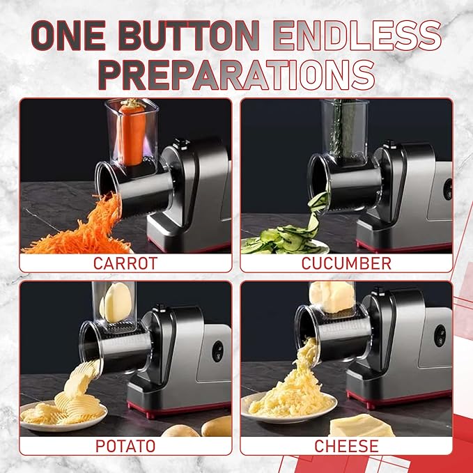 Silksway Gallery Electric Cheese Grater, 250W Salad Maker with 5 Stainless Steel Blades, Slicer Shredder for Cheeses, Vegetables & Fruits, One-Touch Operation, Easy to Clean, Cheese Shredder Machine