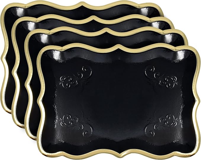 Gift Boutique 10 Black Rectangle Trays with Gold Rim Border for Dessert Display Table Parties 9" X 13" Disposable Paper Cardboard for Platters Cupcake Displays Birthday Party Weddings Food Safe
