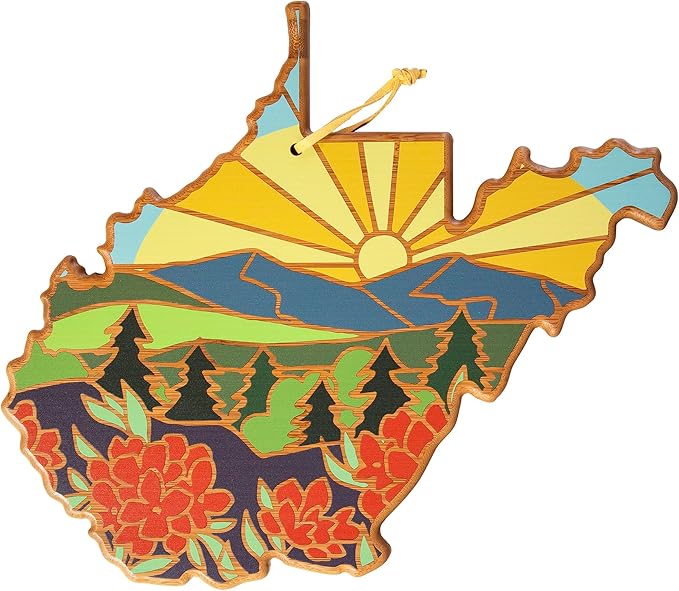 Totally Bamboo West Virginia State Shaped Cutting Board and Charcuterie Serving Platter with Artwork by Summer Stokes, Includes Hang Tie for Wall Display