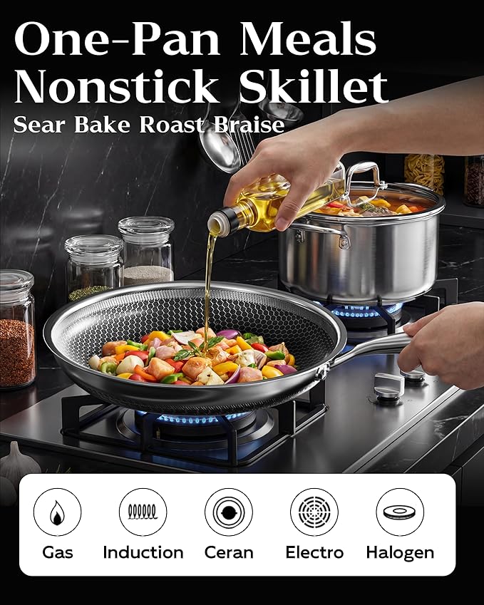Honeycomb Stainless Steel Nonstick Frying Pan with Lid 8 Inch, Induction Cooktop Compatible Skillet, PFOA-Free Scratch-Proof, Dishwasher & Oven Safe, Stay-Cool Handle, Silver Kitchen Cookware