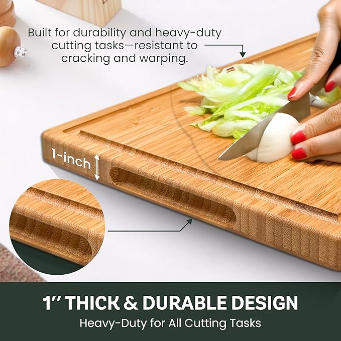 Bambüsi Large 16 Inch Bamboo Cutting Board with Juice Groove and Handles - Heavy Duty Butcher Block for Kitchen, Meat, Cheese, Vegetables, Food Prep and Serving
