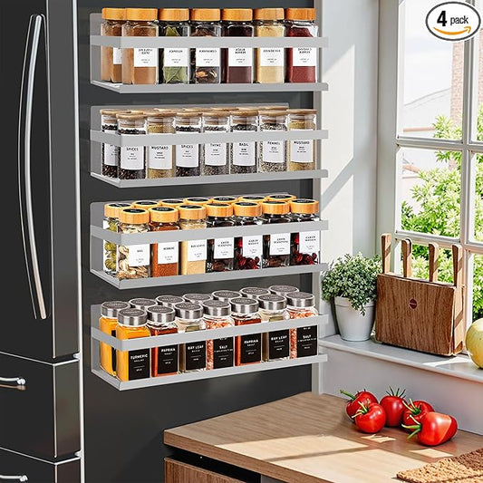 Magnetic Spice Rack for Refrigerator Seasoning Organizer for Spice Fridge Shelf storage Magnetic Shelf with Hook for Oven(6pack) (4Pack-Cut out-grey)