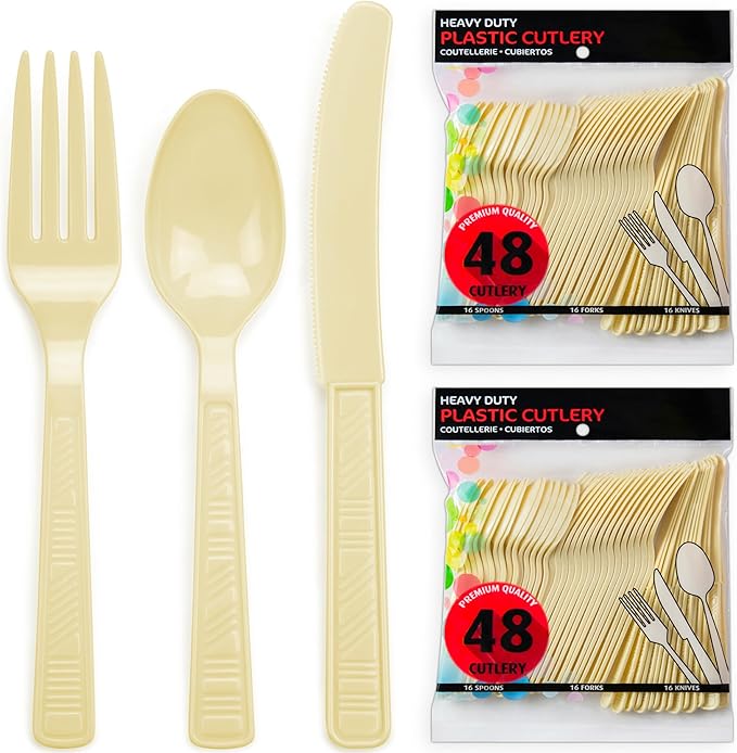 DecorRack Plastic Cutlery Set, Cream Colored Plastic Silverware Sets for Parties, 96 Piece Bulk Heavy Duty Utensils (Cream, 96 Pieces)
