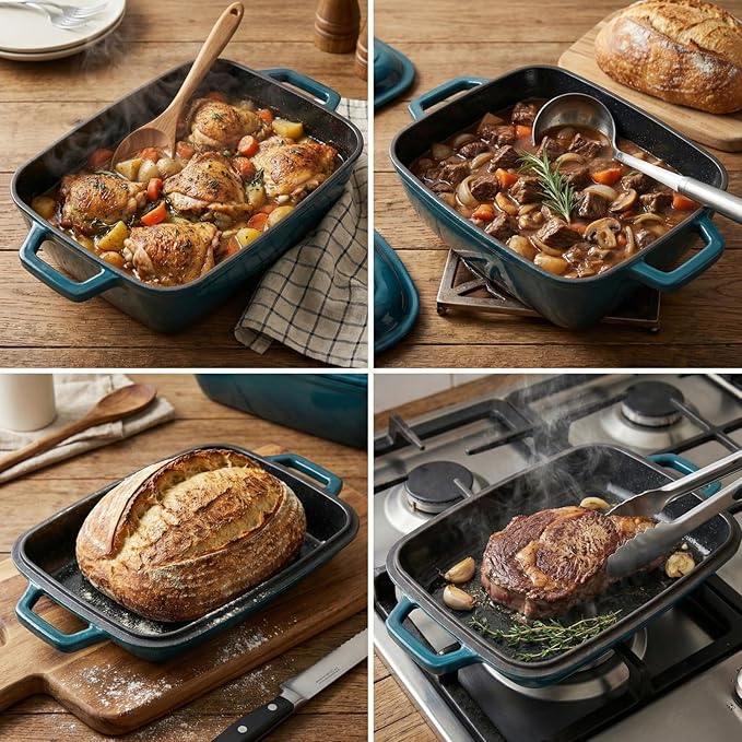 Oval Cast Iron Dutch Oven for Bread Baking 12x8 Inch Enameled Bread Pan with Lid 6QT Cast Iron Bread Dutch Oven for Sourdough，DarkCyan