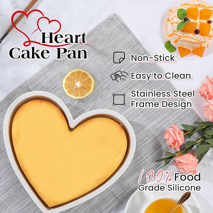 FUNBAKY Metal Framed Silicone Heart Shaped Cake Pans, 10 Inch Heart Cake Pan, BPA Free Large Baking Molds for Anniversaries, Weddings, Valentine's Day, Oven Dishwasher Safe