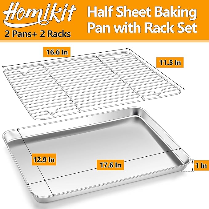Homikit Baking Sheet with Rack Set (2 Pans+2 Racks), 18x13 Inches Stainless Steel Half Cookie Sheets with Cooling Racks Non Toxic, Large Bacon Crisp Trays for Oven Baking Cooking, Dishwasher Safe