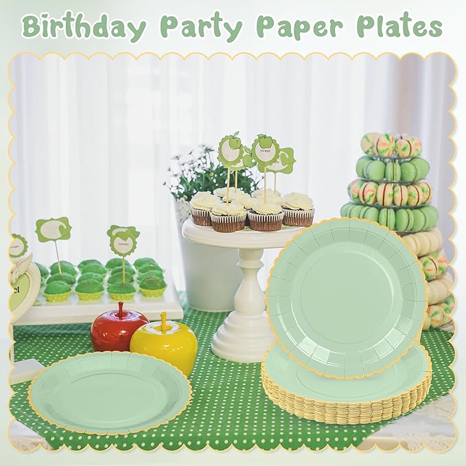 30 Pcs Sage Green Paper Plates, 9 Inch Easter Plates Sage Green Dessert Plates with Gold Scalloped Edge, Disposable Baby Shower Dinner Plates Party Supplies for Baby Shower, Wedding, Birthday