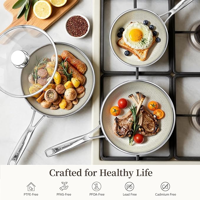 10 Inch Non Stick Frying Pan with Lid, Ceramic Hybrid Tri-Ply Stainless Steel Non Stick Skillet Pan W/ Lid Healthy Nonstick Cookware Induction Omelette Chef Frying Pan, Oven Safe, PFAS/PFOA/PTFE Free