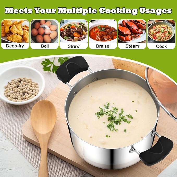 5 Quart 3-Ply Cooking Stock Pot with Lid, P&P CHEF Stainless Steel Large Pot for Pasta Soup, Work on Multi Stove, Heavy Duty & Dishwasher Safe, Dual Heat-resistant Handles & Brown Glass Lid