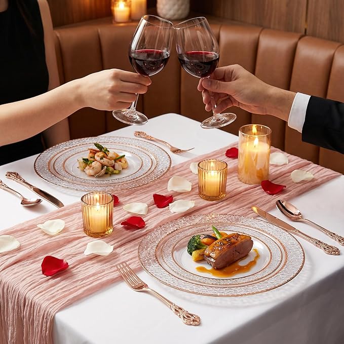 102PCS Rose Gold Plastic Plates - Clear Rose Gold Disposable Plates - Elegant Hammered Plate Include 51PCS 7.5inch Dessert & 51PCS 10.25inch Dinner Plate for Easter Party