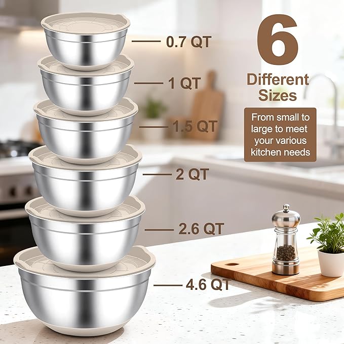 TeamFar Khaki Mixing Bowls, 6-Piece Stainless Steel Nesting Salad Bowls with Lid Set for Prepping Baking, Non-Toxic & Stackable, Air-Tight Lid & Non Slip Bottom, 4.6/2.6/2/1.5/1 / 0.7 QT