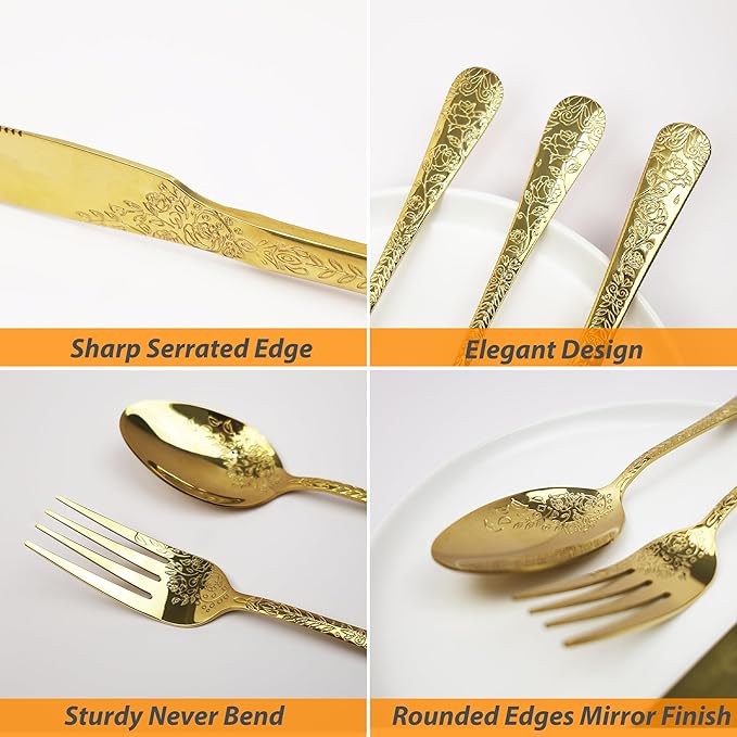 Runfly Vintage Carved Floral Gold Silverware Set for 4, Stainless Steel 20-Piece Flatware Set with Knife/Fork/Spoon, Cutlery Set for Home and Kitchen, Modern Utensil Set