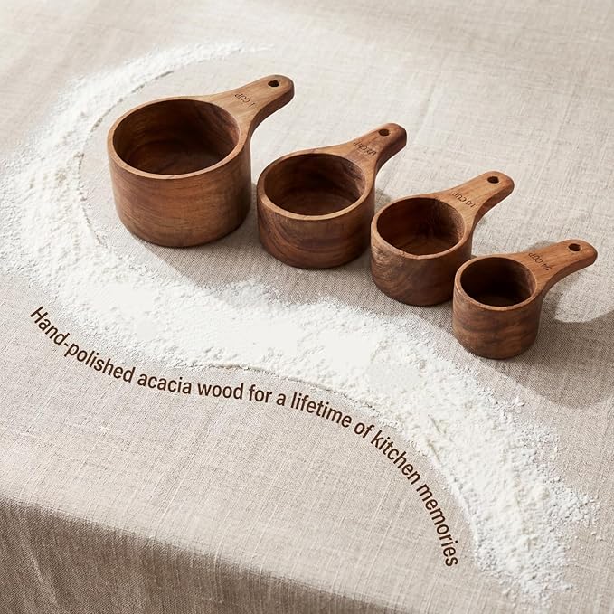 Lyellfe Set of 4 Acacia Wood Measuring Cups, Stackable Kitchen Measure Tool with Handle, Baking and Cooking Measuring Set, Handcrafted with Polish Finish, 4 Size
