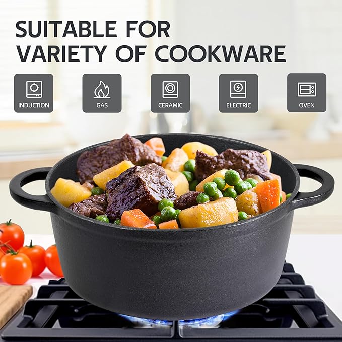 4 Quart Dutch Oven Enameled Cast Iron with Lid - Big Dual Handles - Oven Safe up to 500°F - Classic Round Pot for Versatile Cooking Matte Black(No Enameled