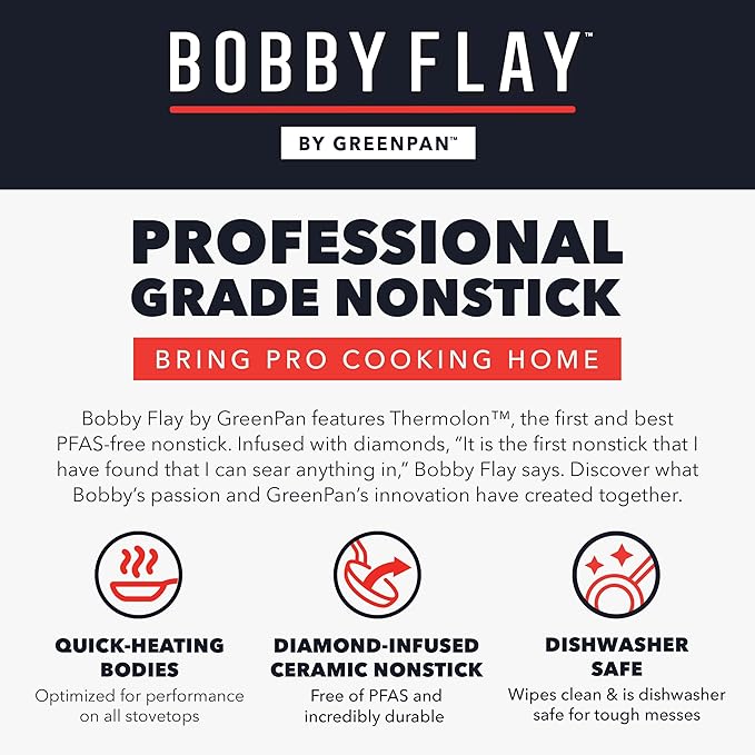 GreenPan x Bobby Flay 2.5QT Nonstick Saucepan with Glass Lid, PFAS-Free Diamond Ceramic, Induction Suitable, Stay-Cool Silicone Handle, Easy Clean Dishwasher & Oven Safe, Chef Pan, Graphite