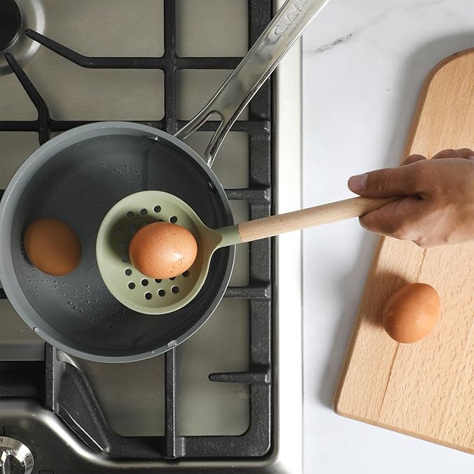 Sur La Table Kitchen Essential Chef's Toolkit Sillicone Skimmer With Beechwood Handle - Juniper Green