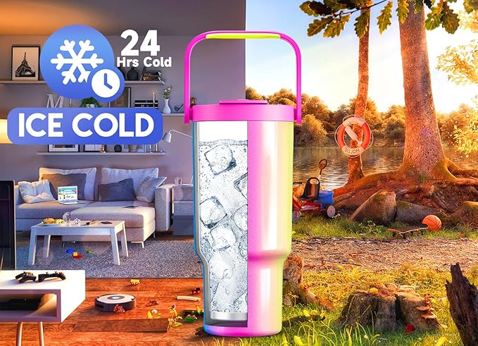 Meoky 32 oz Tumbler with Handle, Tumbler with Lid and Straw, Stainless Steel Travel Mug, 100% Leak Proof, Keeps Cold for 24 Hours, Fits in Car Cup Holder (Carnival)