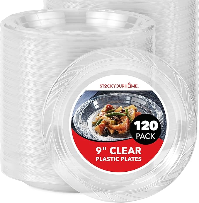 Stock Your Home 120-Count, 9 Inch Clear Plastic Plates, Flexible, Disposable Heavy Duty Party Dinner Plate, for Wedding Reception, Holiday Parties, Mains, Sides, Salad, and Dessert, Large Size