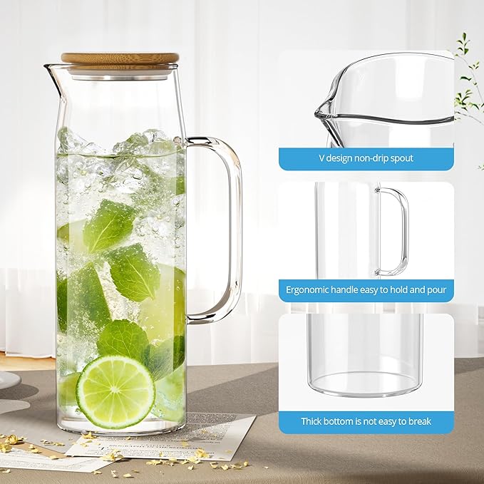 3 Sets Glass Pitcher with Lid, 50 oz / 1500 ml Water Carafe with Handles Hot Cold Beverage Water Jar Glass Jug (Bamboo lid)