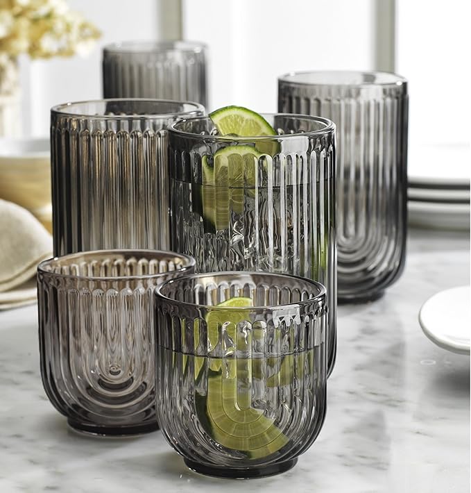 Glaver's 8 Piece Smoke Glassware Set, Art Deco Black Drinking Glasses, Ribbed U-Shape Design, 4 Highball 17oz and 4 Whiskey 11oz DOF Arch Drinkware