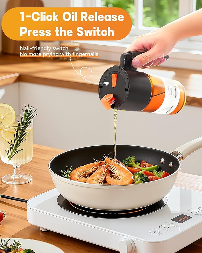 Upgrade 2 in 1 Oil Sprayer for Cooking, 17oz Light-Blocking Glass Olive Oil Dispenser Bottle for Kitchen,Food-Grade Oil Mister with 8 Stickers for Salad, Frying(Amber Bottle-Black Gap)