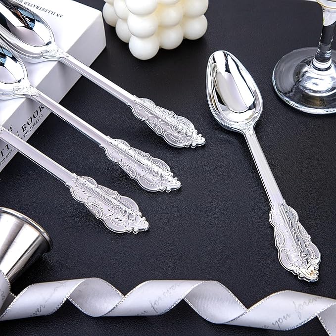 WDF 100 Piece Silver Plastic Spoons Disposable - 6.93 Inch Baroque Silver Silverware for Dessert Cake - Heavy Duty Plastic Spoons for Party Wedding Daily Using Baby Shower Spring