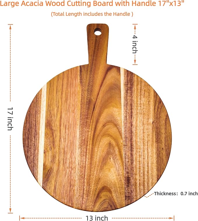 Large Acacia Wood Cutting Board with Handle 17''X13'', Charcuterie Board, Serving Board, Chopping Board for Meat, Cheese, Bread, Vegetables & Fruits (Round)