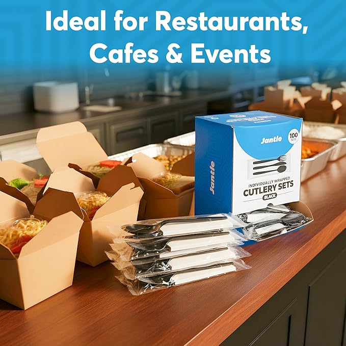 Individually Wrapped Plastic Cutlery Set with Napkin - 100 Pack Heavy Duty Disposable Forks, Spoons, Knives - Sanitary Wrapped Utensils Packets for Restaurants, Catering, Takeout, Parties (Black)