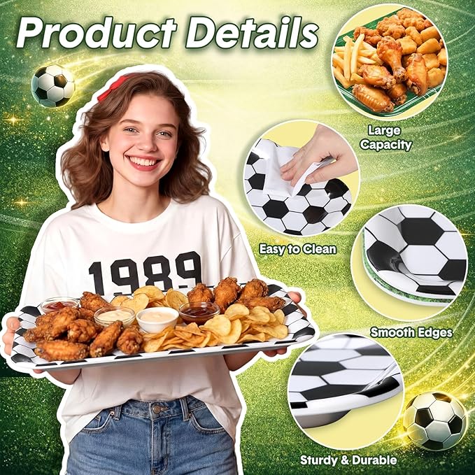 Vesici 4 Pack Soccer Melamine Serving Trays, 13 x 10 in Rectangular Serving Platters with Goal Field & Ball Pattern, Reusable Snack Appetizer Dessert Trays for Game Day Parties, Easy Clean