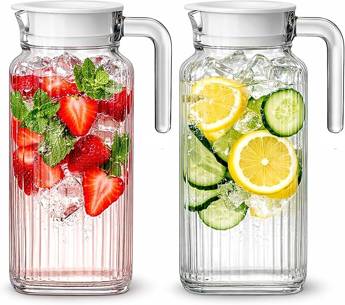 Glass Pitcher with Lid – 2 Pack 55 oz Glass Water Pitcher, Iced Tea Pitcher with Handle, Ribbed Juice Container for Fridge, Glass Beverage Container for Lemonade, Milk, Drinks